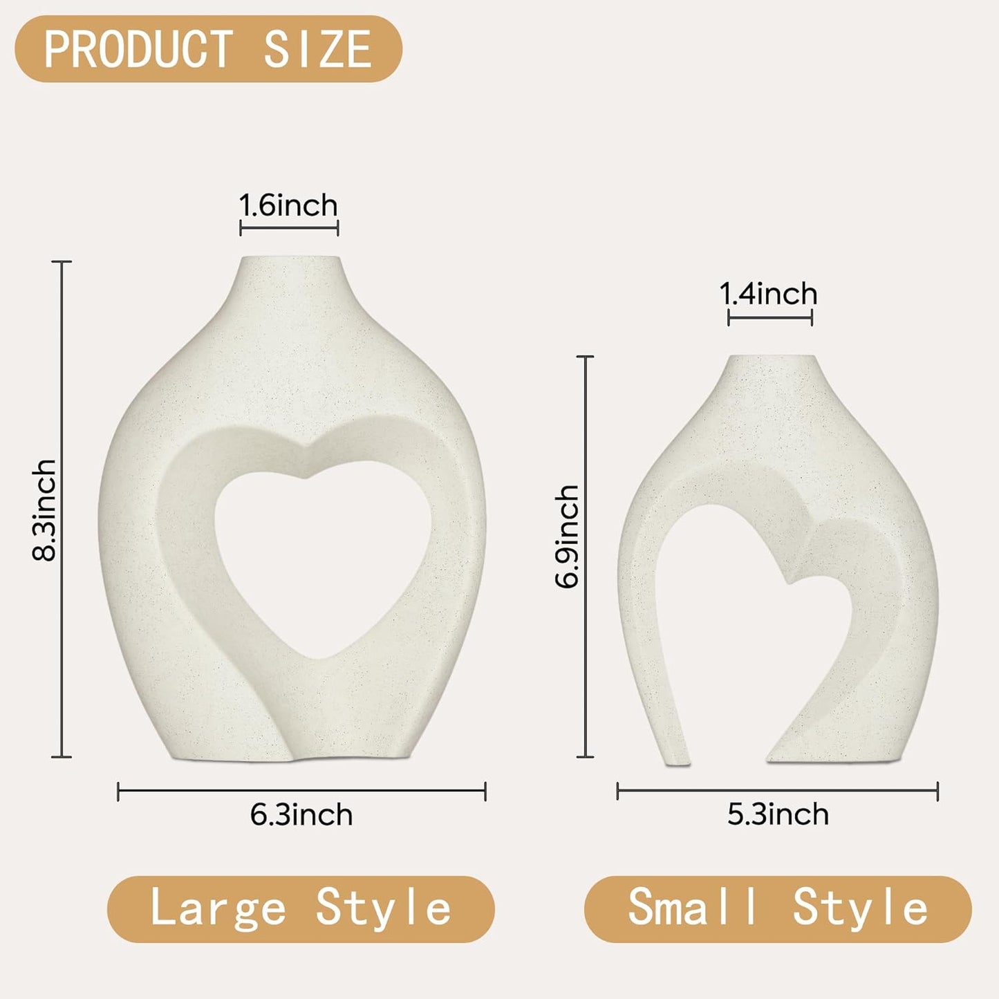 White Vases for Decor, Heart Shaped Ceramic Vase Set of 2, Nordic Heart Shaped Vases, Minimalist Decorative Vase for Table Centerpiece Wedding Dining Living Room Office House Decoration