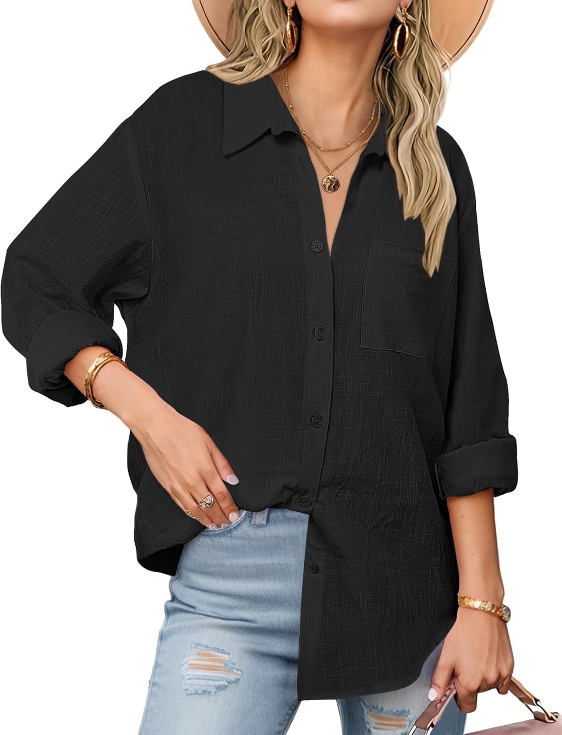 SMZ Womens Linen Button Down Shirts Long Sleeve Cotton Gauze Tops Casual Collared Blouses Loose Fit