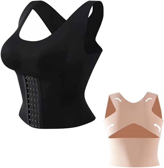 3-in-1 Waist Buttoned Bra Shapewear, Black/Beige Waist Trainer Vest For Women Underbust Corset Shaper