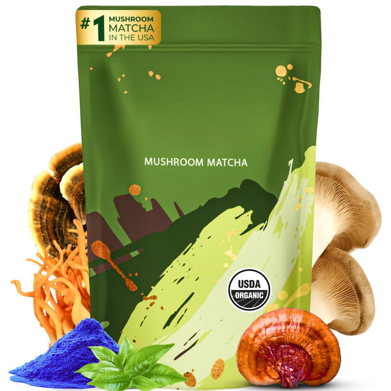 Mushroom Matcha, USDA Organic with 6 Adaptogenic Mushrooms and Ceremonial-Grade Japanese Matcha, Energy, Focus, Digestion, Immunity with Cordyceps, Lion’s Mane, Reishi, Turkey Tail, 30 servings