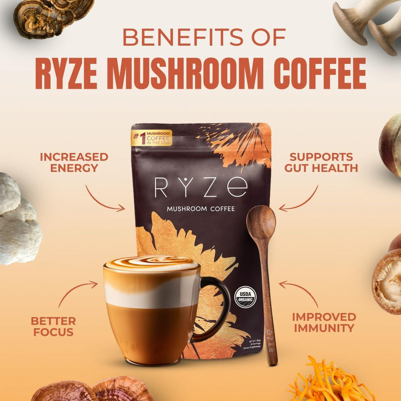 RYZE Mushroom Coffee | 6 Adaptogenic Mushrooms | USDA Organic | Instant Coffee | MCT Oil | USA Grown | Better Energy, Focus, Digestion, Immunity | Cordyceps, Lion’s Mane, Turkey Tail | 30 serving