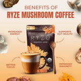 RYZE Mushroom Coffee | 6 Adaptogenic Mushrooms | USDA Organic | Instant Coffee | MCT Oil | USA Grown | Better Energy, Focus, Digestion, Immunity | Cordyceps, Lion’s Mane, Turkey Tail | 30 serving