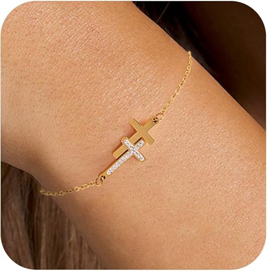 Cross Bracelet for Women - 18K Gold/Whited Plated Cross Bracelet Dainty Gold Cross Bracelet Thin Chain Pearl Double Cross Bracelet Bridesmaid Jewelry Gifts Cross Bracelet for Women