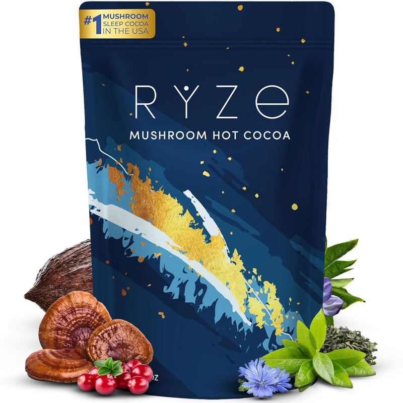 RYZE Mushroom Hot Cocoa | Melatonin Sleep Aid | Keto Cocoa Powder With Mushroom For Sleep | Melatonin, Reishi, Glycine, Cacao, L-Theanine, Chicory | Fall Asleep, Stay Asleep | 20 servings