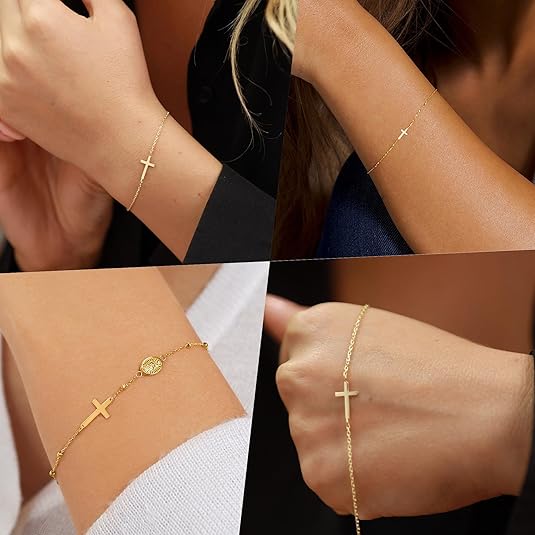 Cross Bracelet for Women - 18K Gold/Whited Plated Cross Bracelet Dainty Gold Cross Bracelet Thin Chain Pearl Double Cross Bracelet Bridesmaid Jewelry Gifts Cross Bracelet for Women