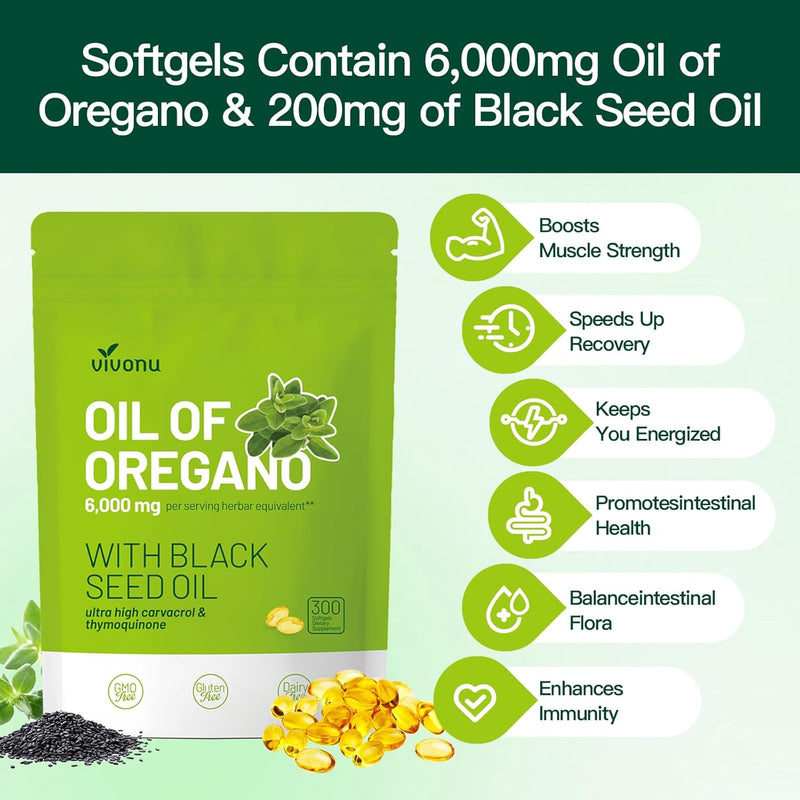 Oil of Oregano Capsules |Oil of Oregano with Black Seed Oil Softgels 300 Count| Organic Oregano Oil Extract | aceite de Oregano Pill| Non-GMO | Gluten Free Formula