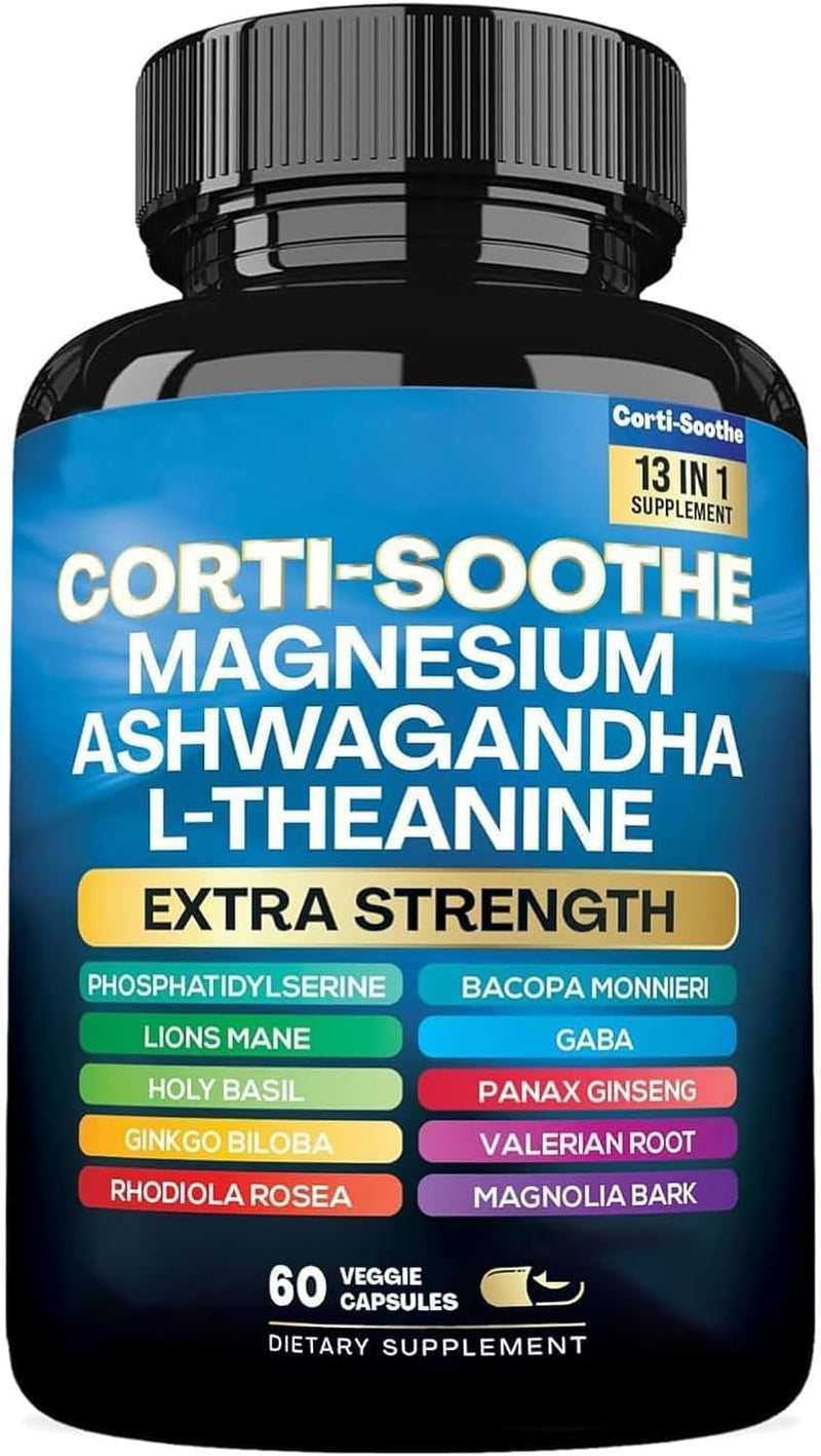 Corti-Soothe Cortisol Supplement Magnesium Glycinate 200mg, L-Theanine 150mg Ashwagandha 150mg, Phosphatidylserine Cortisol Manager Lions Mane Ginkgo Biloba Bacopa Valerian Root (1 Boxes/60 Capsules)