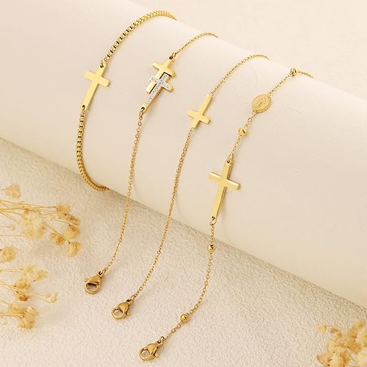 Cross Bracelet for Women - 18K Gold/Whited Plated Cross Bracelet Dainty Gold Cross Bracelet Thin Chain Pearl Double Cross Bracelet Bridesmaid Jewelry Gifts Cross Bracelet for Women