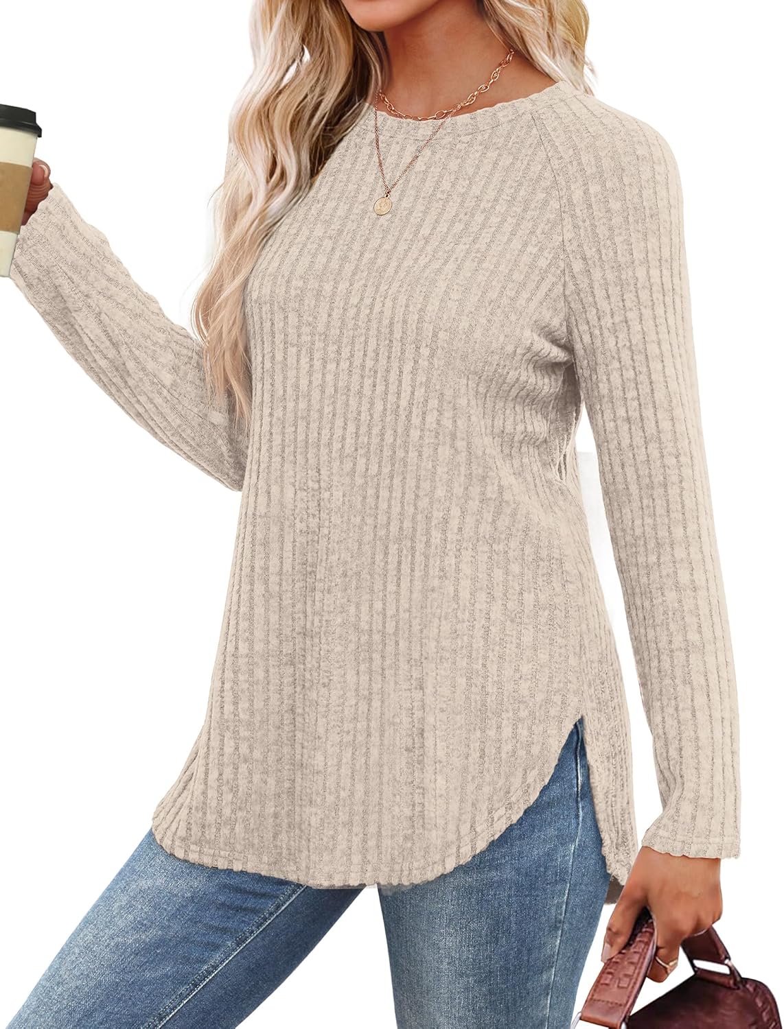 SMZ Long Sleeve Shirts for Women Tunic Tops for Women Loose Fit Dressy Crew Neck Pullover Basic Sweaters for Women 2024