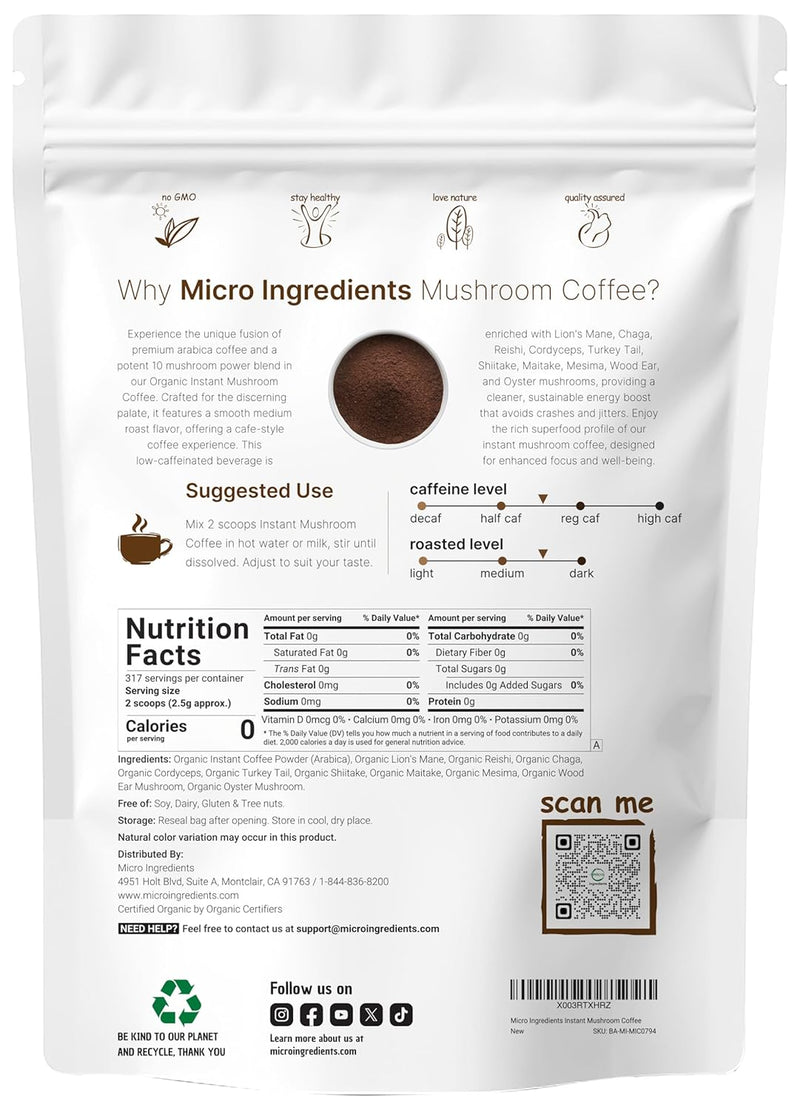 Organic Instant 10 in 1 Mushroom Coffee Powder, 28 Ounce (317 Servings) | Weight & Immune Support | Premium Arabica Coffee with Lion’s Mane, Chaga, Reishi,& More