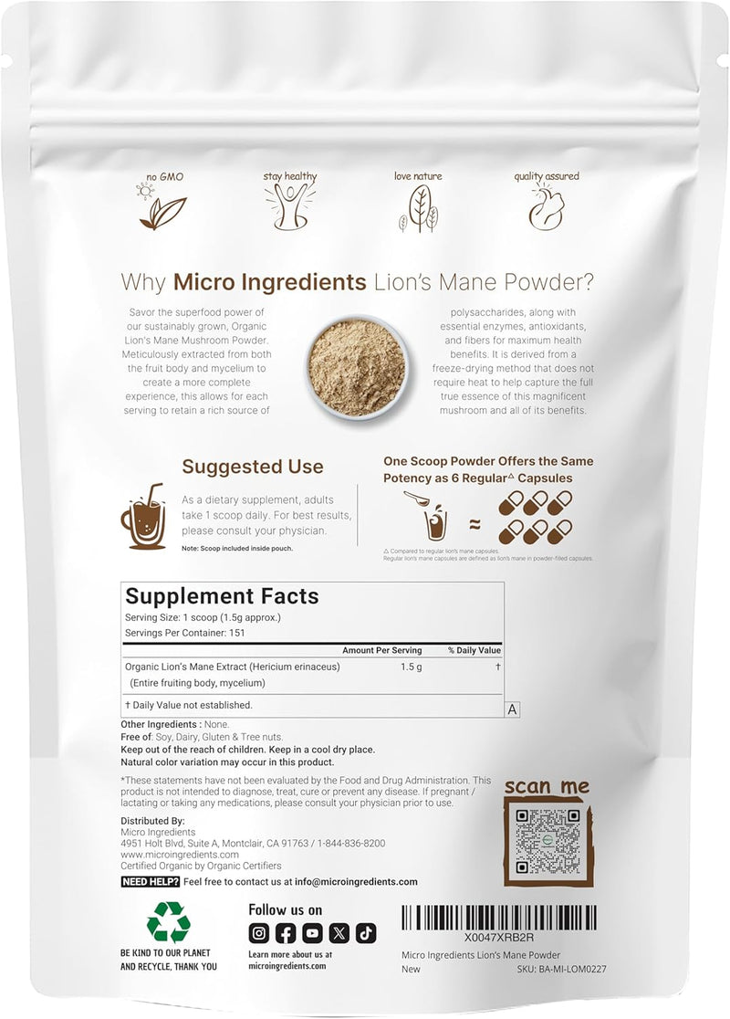 Micro Ingredients Organic Lions Mane Mushroom Supplement Powder, 8 Ounce | Natural Superfood for Brain, Energy, & Immune Health | Non-GMO, Vegan
