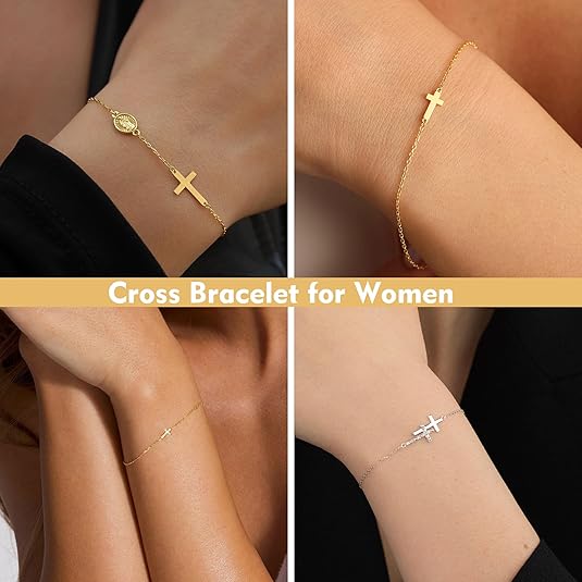 Cross Bracelet for Women - 18K Gold/Whited Plated Cross Bracelet Dainty Gold Cross Bracelet Thin Chain Pearl Double Cross Bracelet Bridesmaid Jewelry Gifts Cross Bracelet for Women