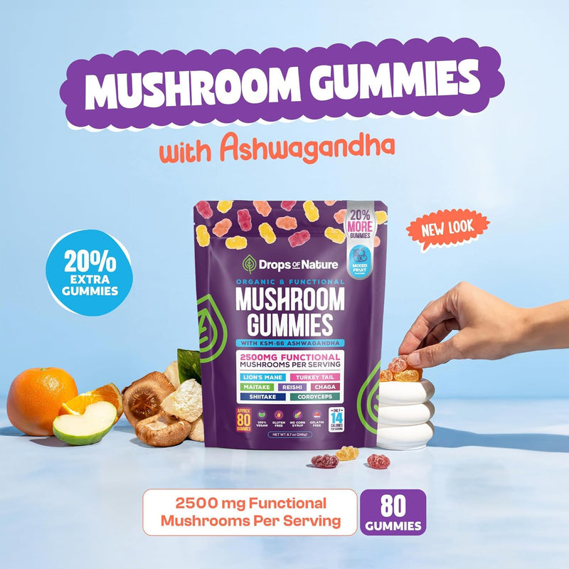 Ashwagandha and Lions Mane Mushroom Supplement Gummies - Organic - Reishi, Cordyceps, Turkey Tail, Maitake, Shitake, Chaga - Immune Defense, Boosts Cognitive Performance, Vegan, Low Carb