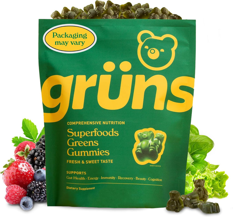 Gruns Adult Super Greens Gummies - Superfood Gummy Bears with Spirulina, Chlorella & Prebiotics for Digestive Health - Adaptogens Supplement with 20 Vitamins & Minerals, Low Sugar- 2-Week Supply