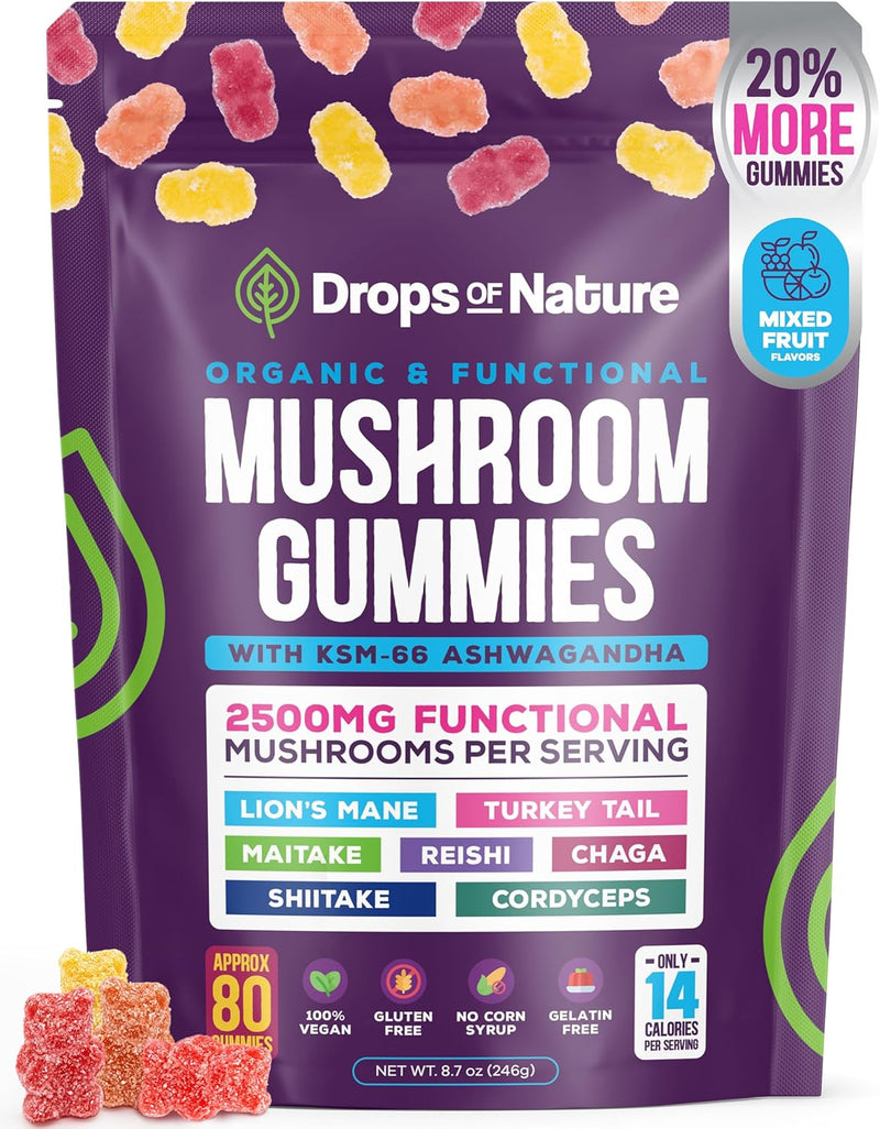 Ashwagandha and Lions Mane Mushroom Supplement Gummies - Organic - Reishi, Cordyceps, Turkey Tail, Maitake, Shitake, Chaga - Immune Defense, Boosts Cognitive Performance, Vegan, Low Carb