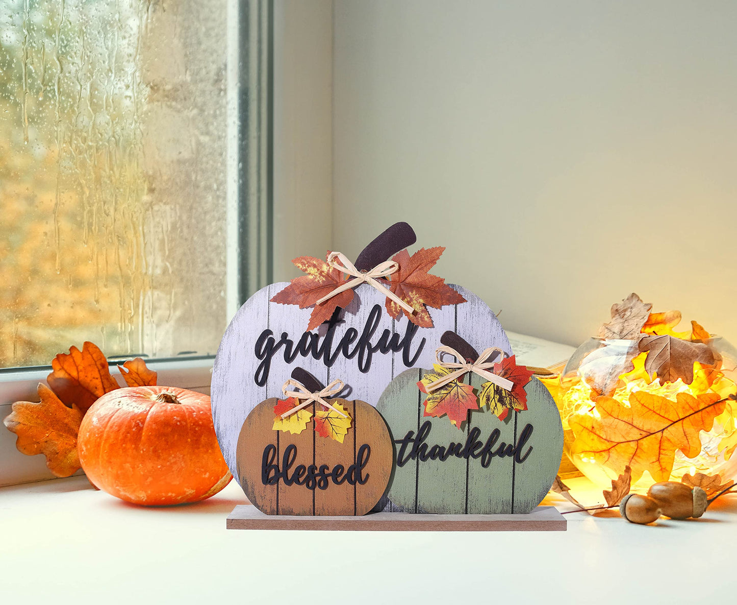 Fall Decorations for Home Blessed Grateful Thankful Fall Decor Wooden Pumpkin Tabletop Signs for Home Thanksgiving Farmhouse Living Room Harvest