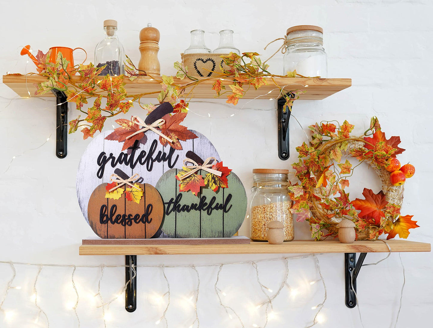 Fall Decorations for Home Blessed Grateful Thankful Fall Decor Wooden Pumpkin Tabletop Signs for Home Thanksgiving Farmhouse Living Room Harvest