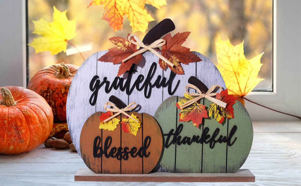 Fall Decorations for Home Blessed Grateful Thankful Fall Decor Wooden Pumpkin Tabletop Signs for Home Thanksgiving Farmhouse Living Room Harvest